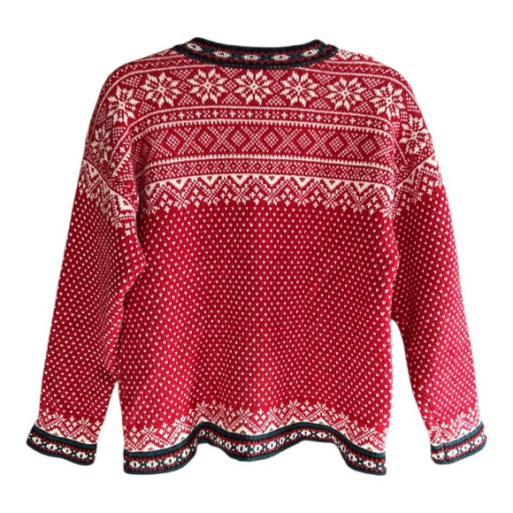 VINTAGE LL BEAN Fair Isle Merino Wool Sweater Buttons Red M - Picture 2 of 7